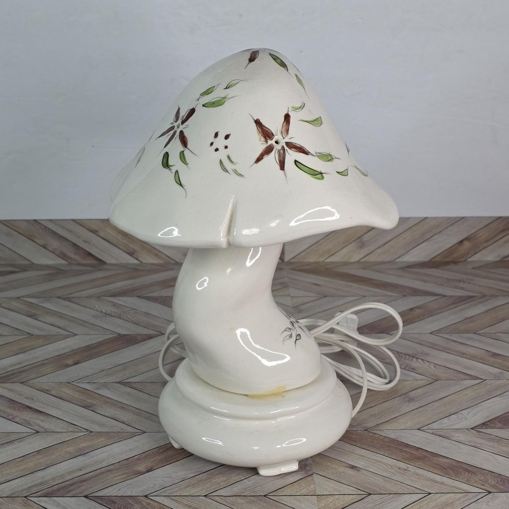 Vintage MCM Leviton Ceramic Mushroom Table Lamp Night Light White Floral READ